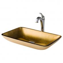 Kraus C-GVR-210-RE-1200CH - 22-inch Rectangular Gold Glass Bathroom Vessel Sink and Arlo Faucet Combo Set with Pop-Up Drain, C