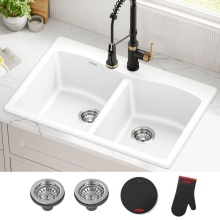 Kraus KGD-52WHITE - Forteza 33'' Granite Drop In / Undermount 50/50 Double Bowl White Kitchen Sink
