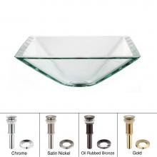 Kraus GVS-901-19mm-CH - KRAUS Square Glass Vessel Sink in Clear with Pop-Up Drain and Mounting Ring in Chrome