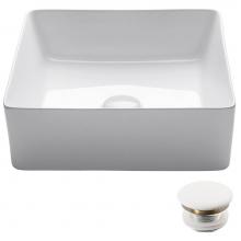 Kraus KCV-202GWH-20 - Viva Square White Porcelain Ceramic Vessel Bathroom Sink with Pop-Up Drain, 15 5/8 in. L x 15 5/8