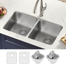 Kraus KA1UD33B - KRAUS Dex 33 in. Undermount 16 Gauge Antibacterial Stainless Steel Double Bowl Kitchen Sink