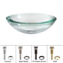 Kraus GV-150-19mm-CH - KRAUS 34 mm Thick Glass Vessel Sink in Clear with Pop-Up Drain and Mounting Ring in Chrome