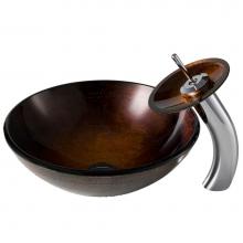 Kraus C-GV-580-12mm-10CH - Copper Brown Glass Bathroom Vessel Sink and Waterfall Faucet Combo Set with Matching Disk and Pop-