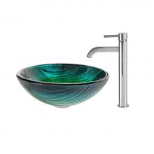 Kraus C-GV-391-19mm-1007CH - Nei Glass Vessel Sink in Green with Ramus Faucet in Chrome