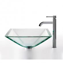 Kraus C-GVS-901-19mm-1007CH - Square Glass Vessel Sink in Clear with Ramus Faucet in Chrome