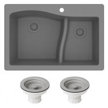 Kraus KGD-442GREY-PST1-GR - Quarza 33'' Dual Mount 60/40 Double Bowl Granite Kitchen Sink and Strainers in Grey