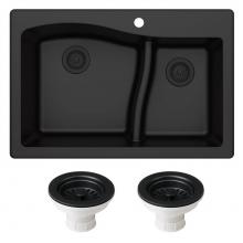 Kraus KGD-442BLACK-PST1-BL - Quarza 33'' Dual Mount 60/40 Double Bowl Granite Kitchen Sink and Strainers in Black