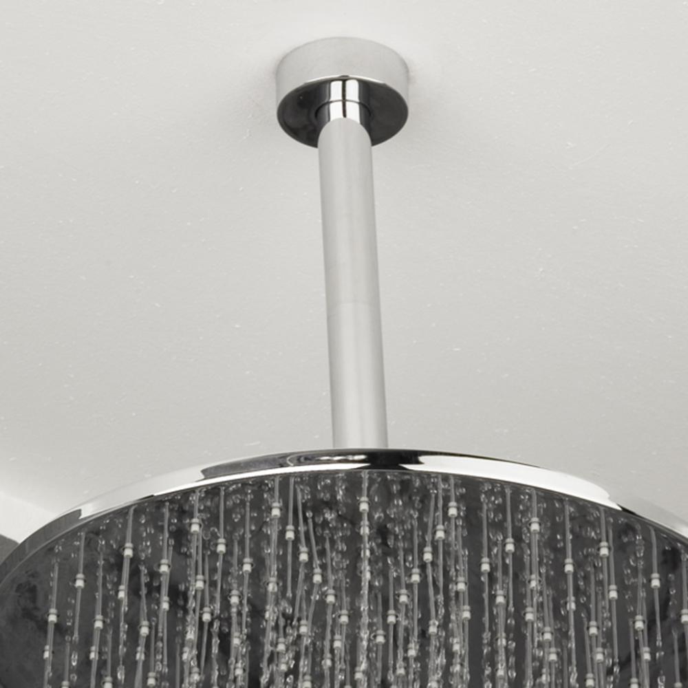 Ceiling-mount round shower arm with flange.
