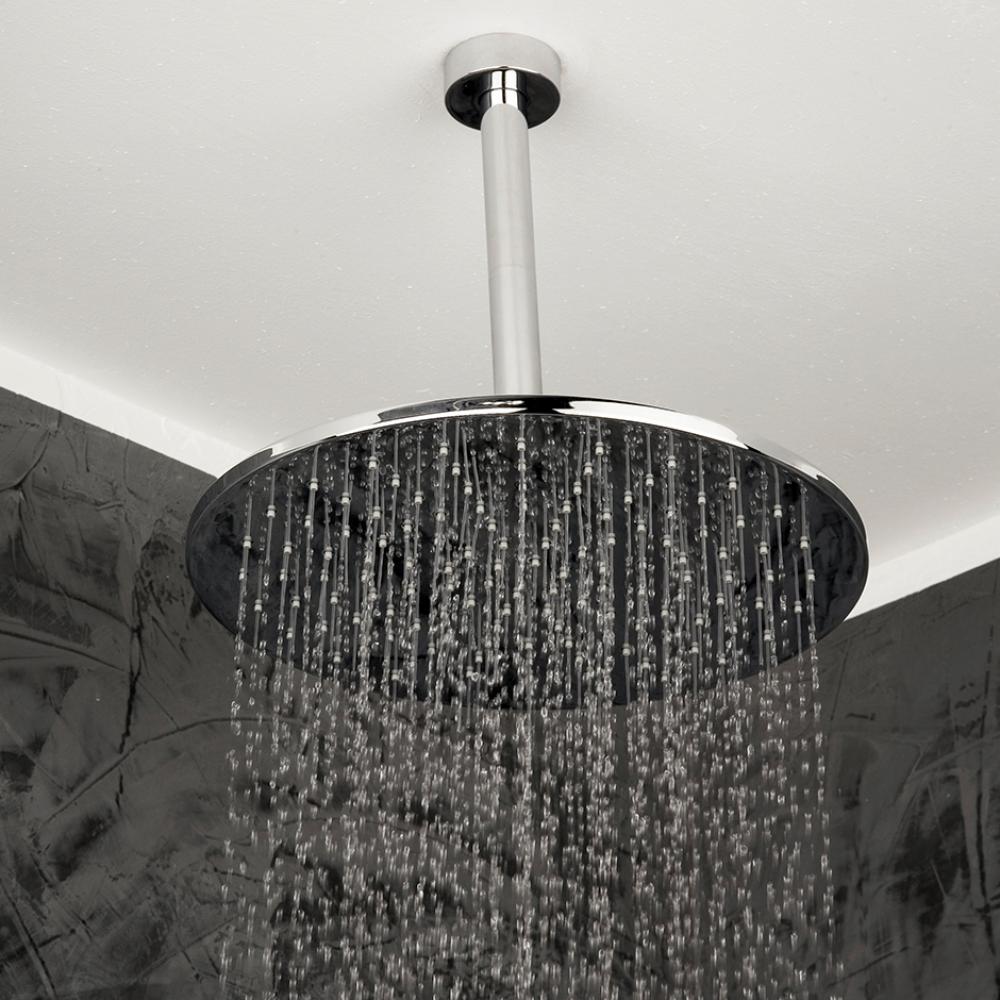 Ceiling-mount tilting round rain shower head, 126 rubber nozzles. Arm and flange sold separately.