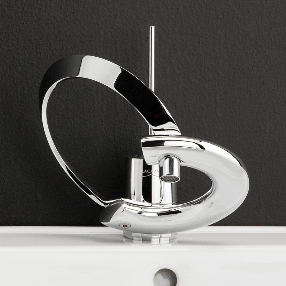 Deck-mount single-hole faucet with joystick lever handle and click-clack drain, ADA compliant.