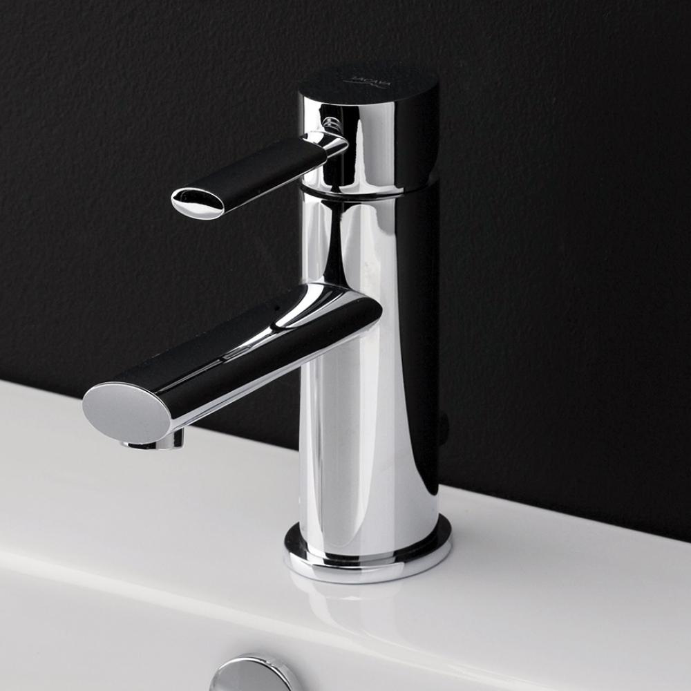 Deck-mount single-hole faucet with a lever handle and pop-up, ADA compliant. Water flow rate: 1 gp