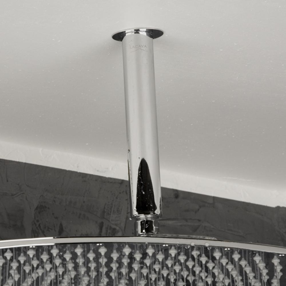 Ceiling-mount oval shower arm with flange.
