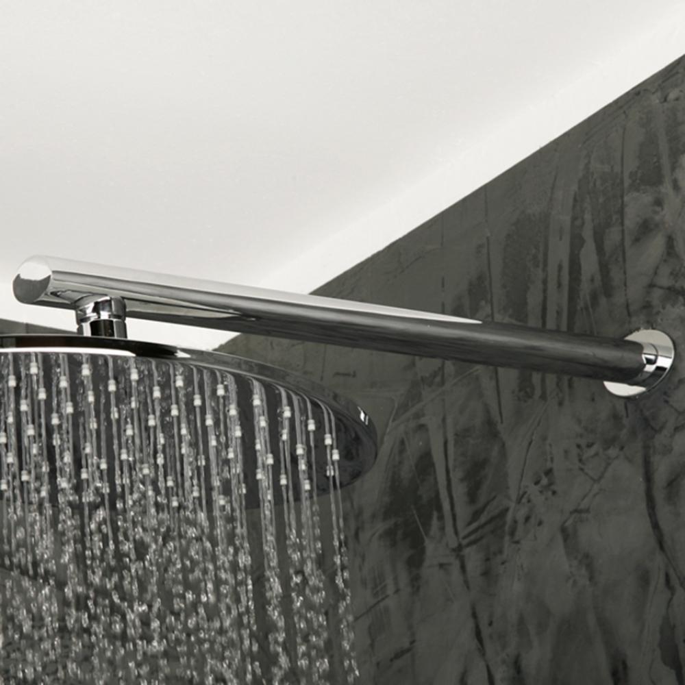 Wall-mount oval shower arm with flange.