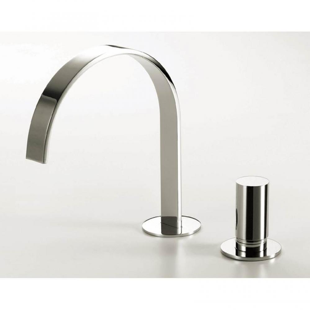 Deck-mount two-hole faucet with an arch spout, knob handle, drain not included. Water flow rate: 3