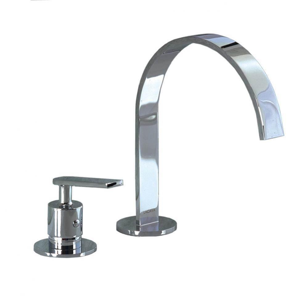 Deck-mount two-hole faucet with an arch spout, lever handle, drain not included. Water flow rate: