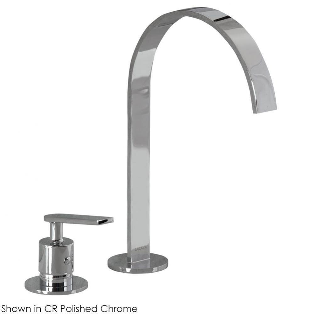Deck-mount two-hole faucet with an arch spout, knob handle, drain not included. Water flow rate: 3