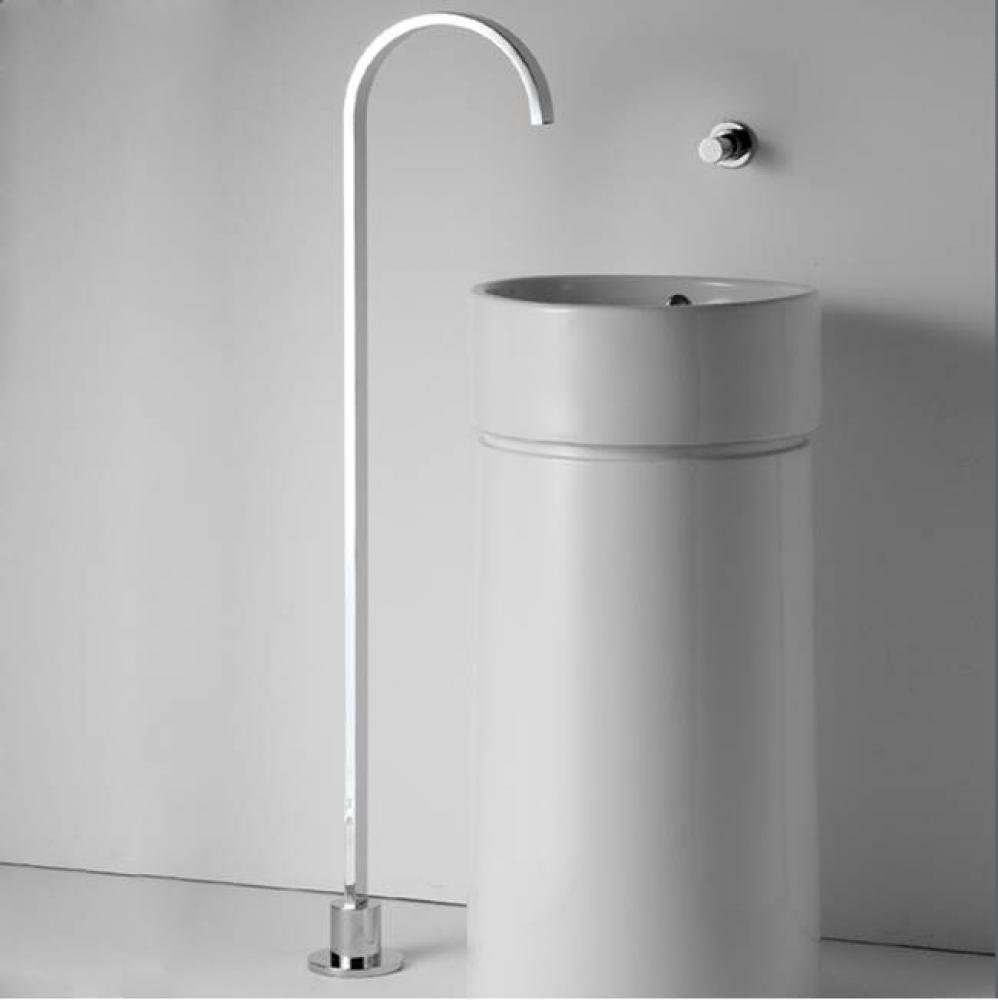 Floor-standing spout and wall-mount mixer with knob handle. Includes rough-in and trim. Water flow