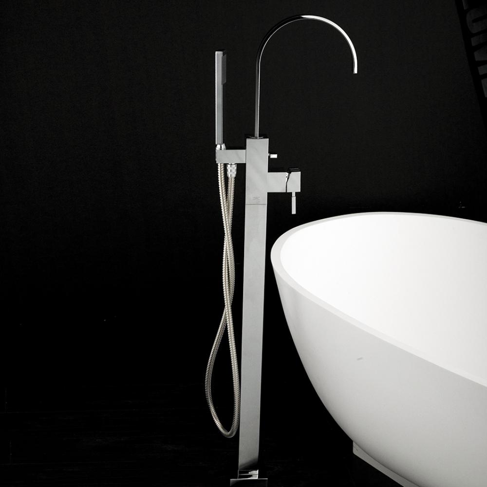 Floor-standing single-hole tub filler with one lever handle, two-way diverter, and hand-held showe
