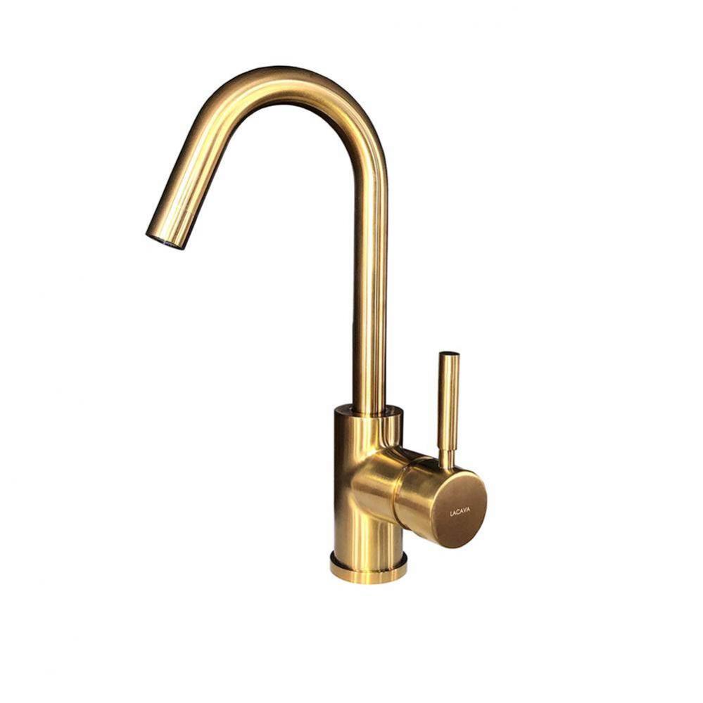 Deck-mount single-hole faucet with a goose-neck swiveling spout, one lever handle, and a pop-up dr