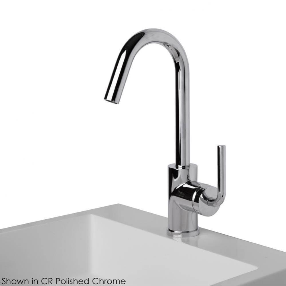Deck-mount single-hole faucet with a goose-neck swiveling spout, one curved lever handle, and a po