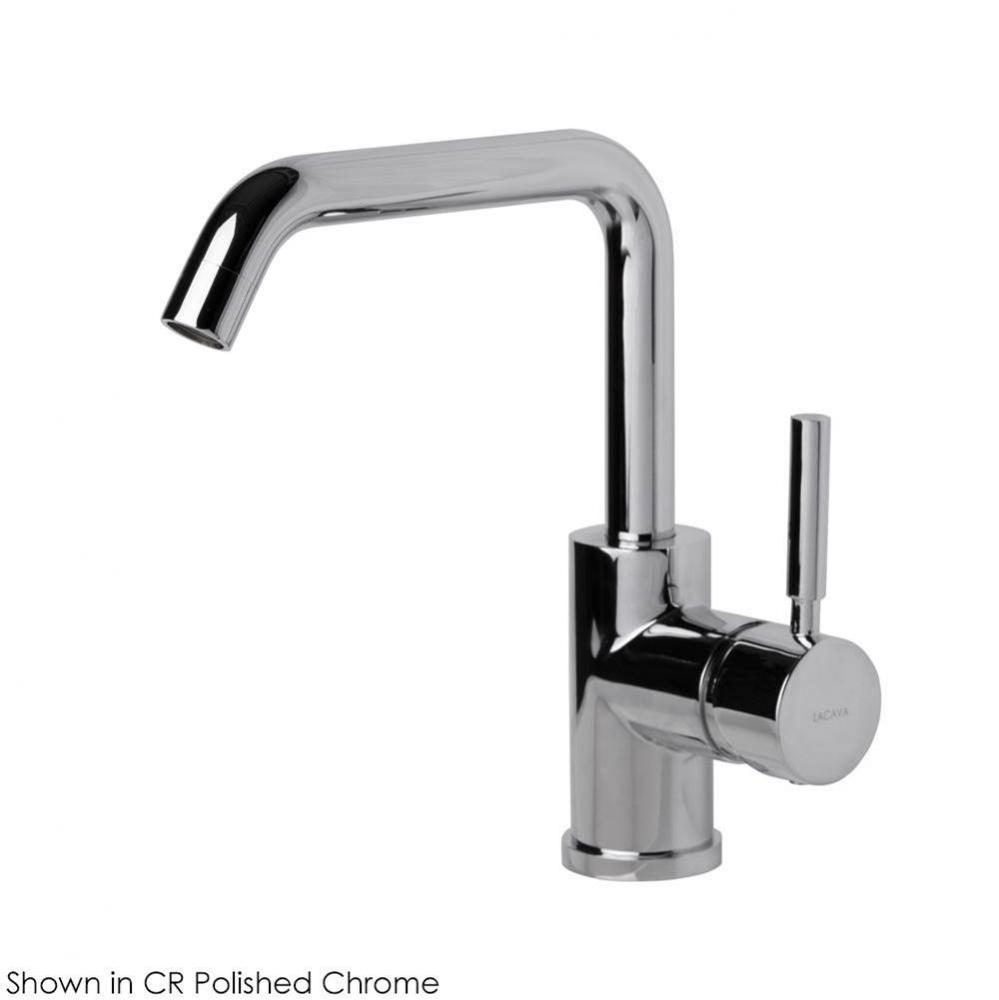 Deck-mount single-hole faucet with a squared-gooseneck swiveling spout, one lever handle, and a po