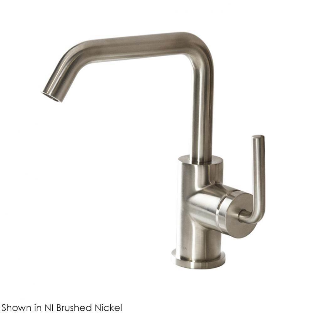 Deck-mount single-hole faucet with a squared-gooseneck swiveling spout, one curved lever handle, a