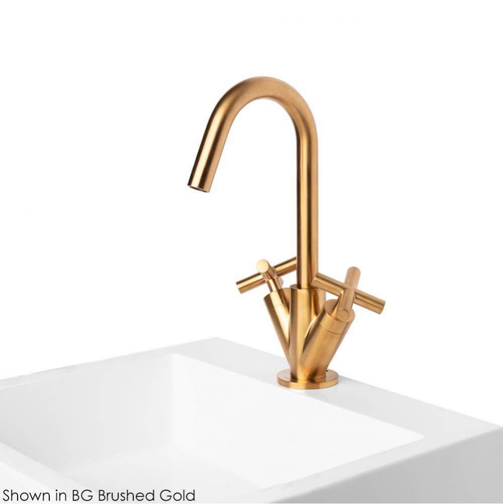 Deck-mount single-hole faucet with a goose-neck swiveling spout, two cross handles, and a pop-up d