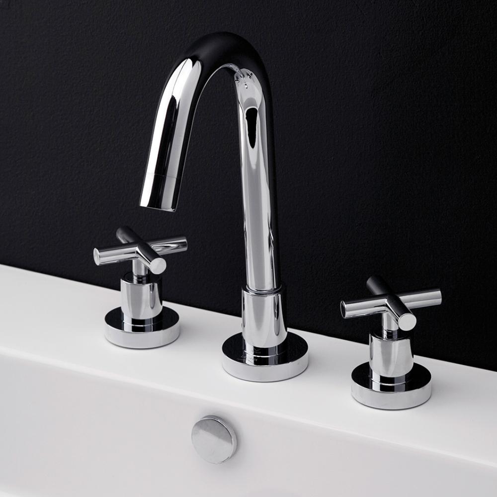 Deck-mount three-hole faucet with a goose-neck swiveling spout, two cross handles, and a pop-up dr