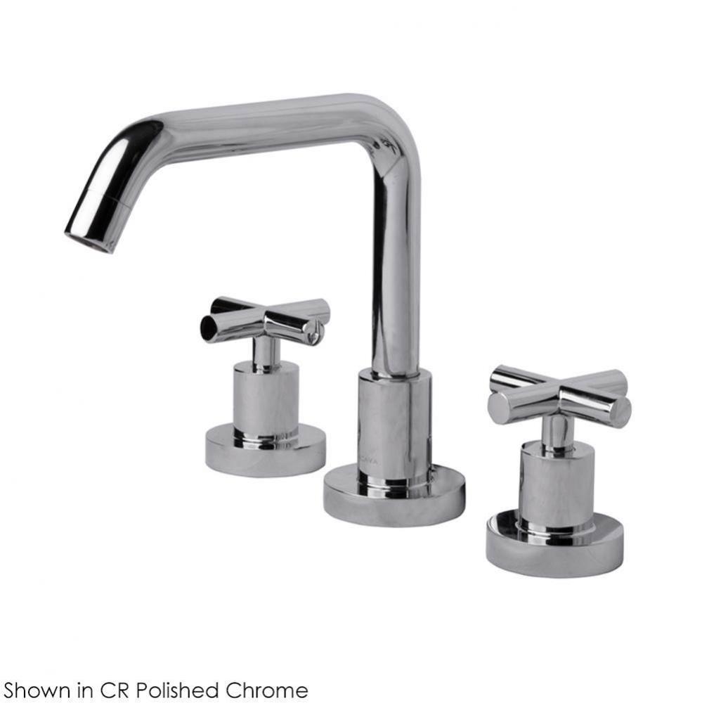 Deck-mount three-hole faucet with a squared-gooseneck swiveling spout, two cross handles, and a po