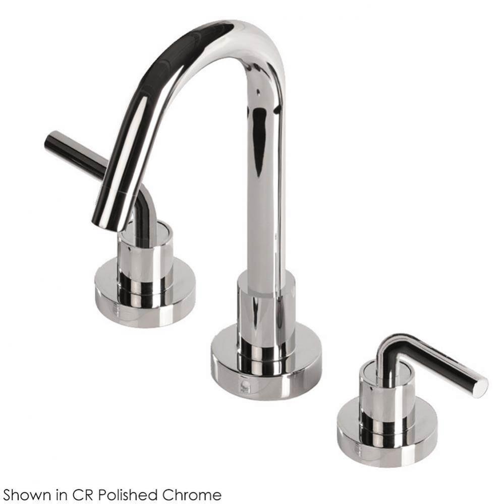 Deck-mount three-hole faucet with a gooseneck swiveling spout, two curved lever handles, and a pop
