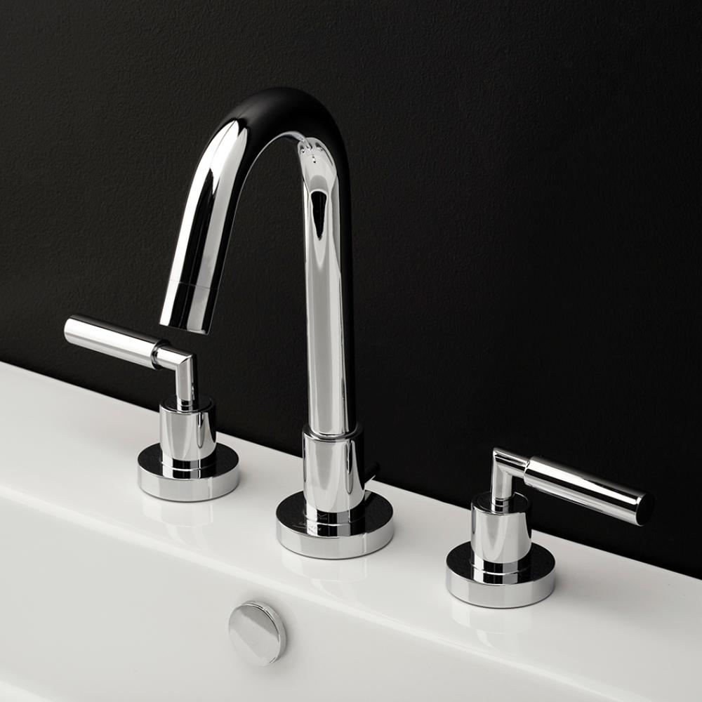 Deck-mount three-hole faucet with a goose-neck swiveling spout, two lever handles, and a pop-up dr