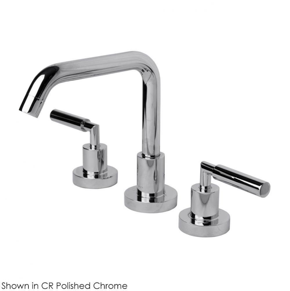 Deck-mount three-hole faucet with a squared-gooseneck swiveling spout, two lever handles, and a po