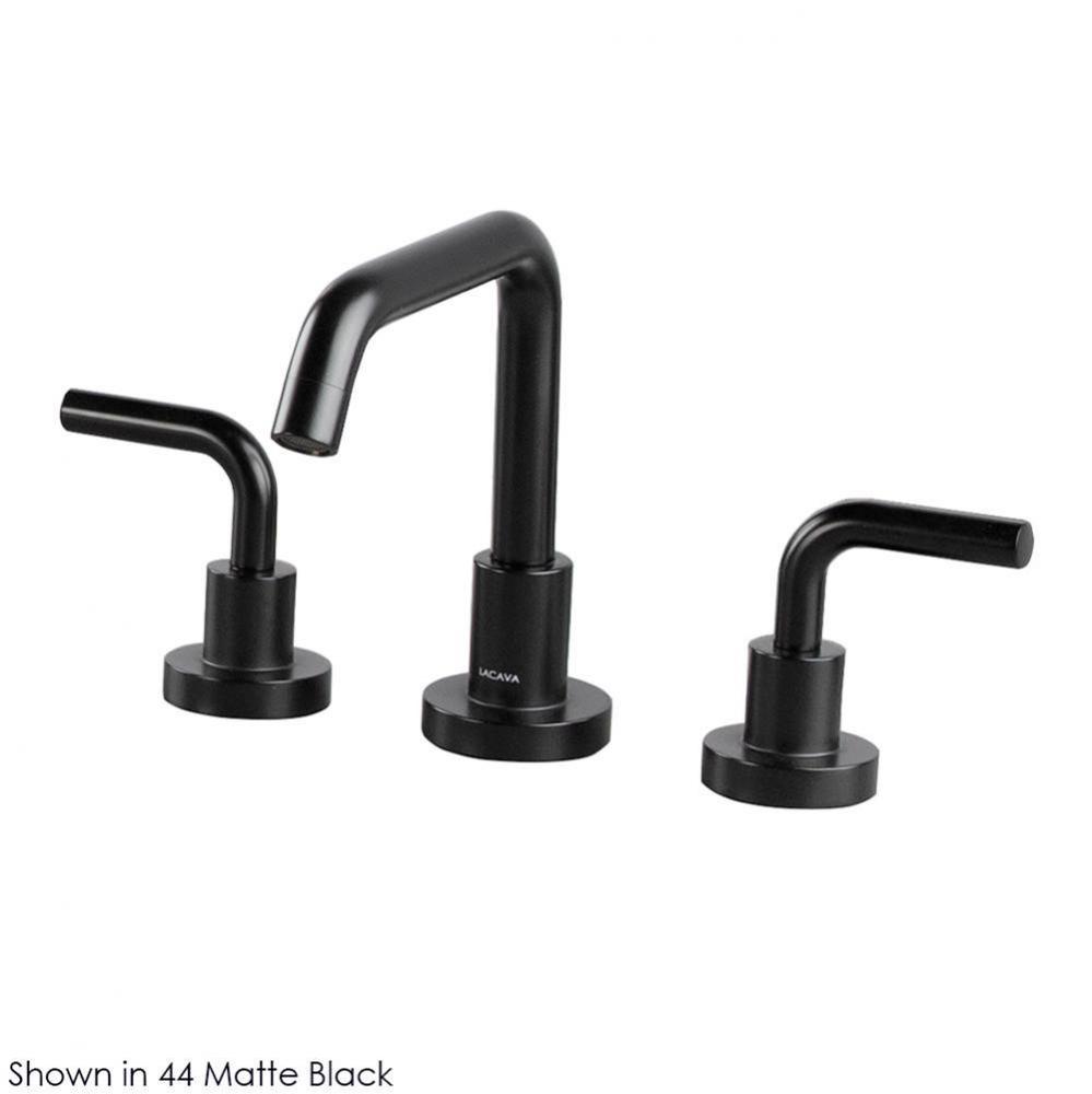 Deck-mount three-hole faucet with a squared-gooseneck swiveling spout, two curved lever handles, a