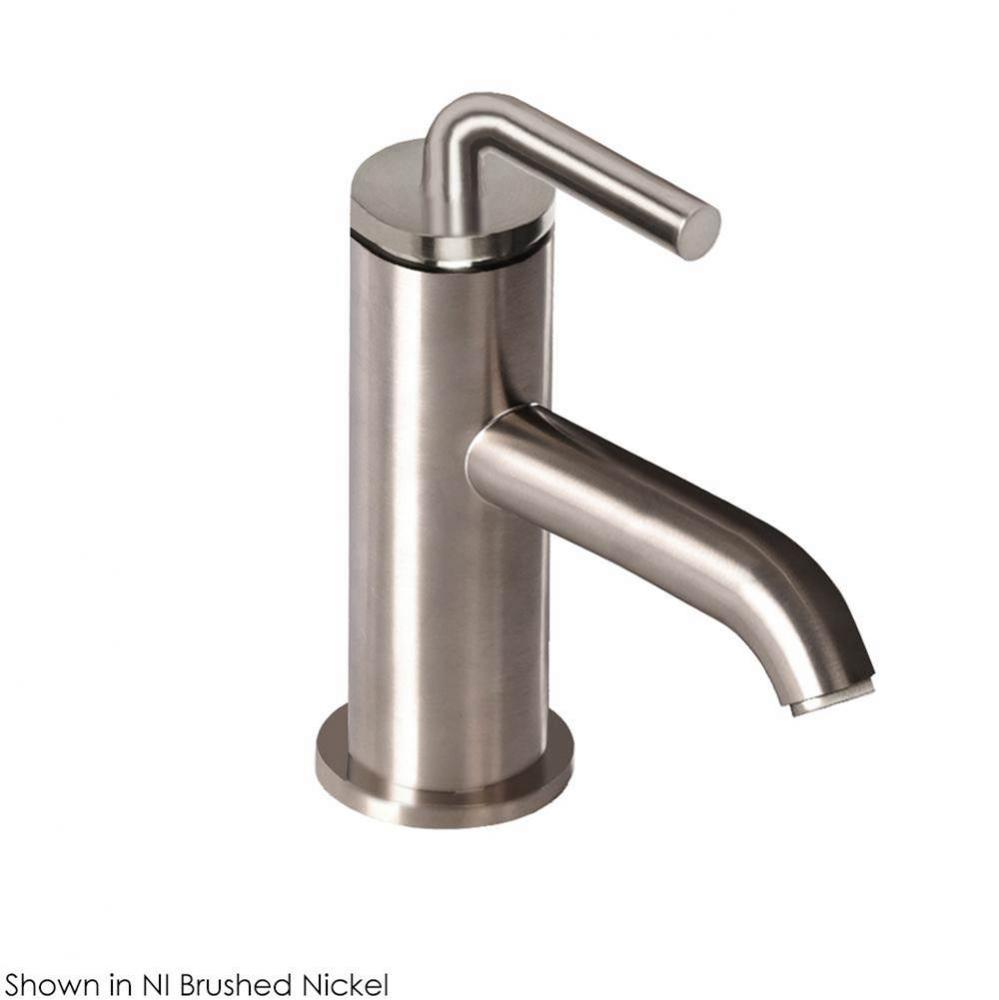 Deck-mount single-hole faucet with a pop-up and curved lever handle. Water flow rate: 1.2 gpm pres