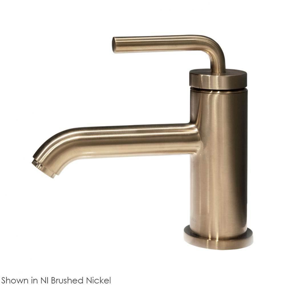 Deck-mount single-hole faucet with a pop-up and curved lever handle. Water flow rate: 1.2 gpm pres