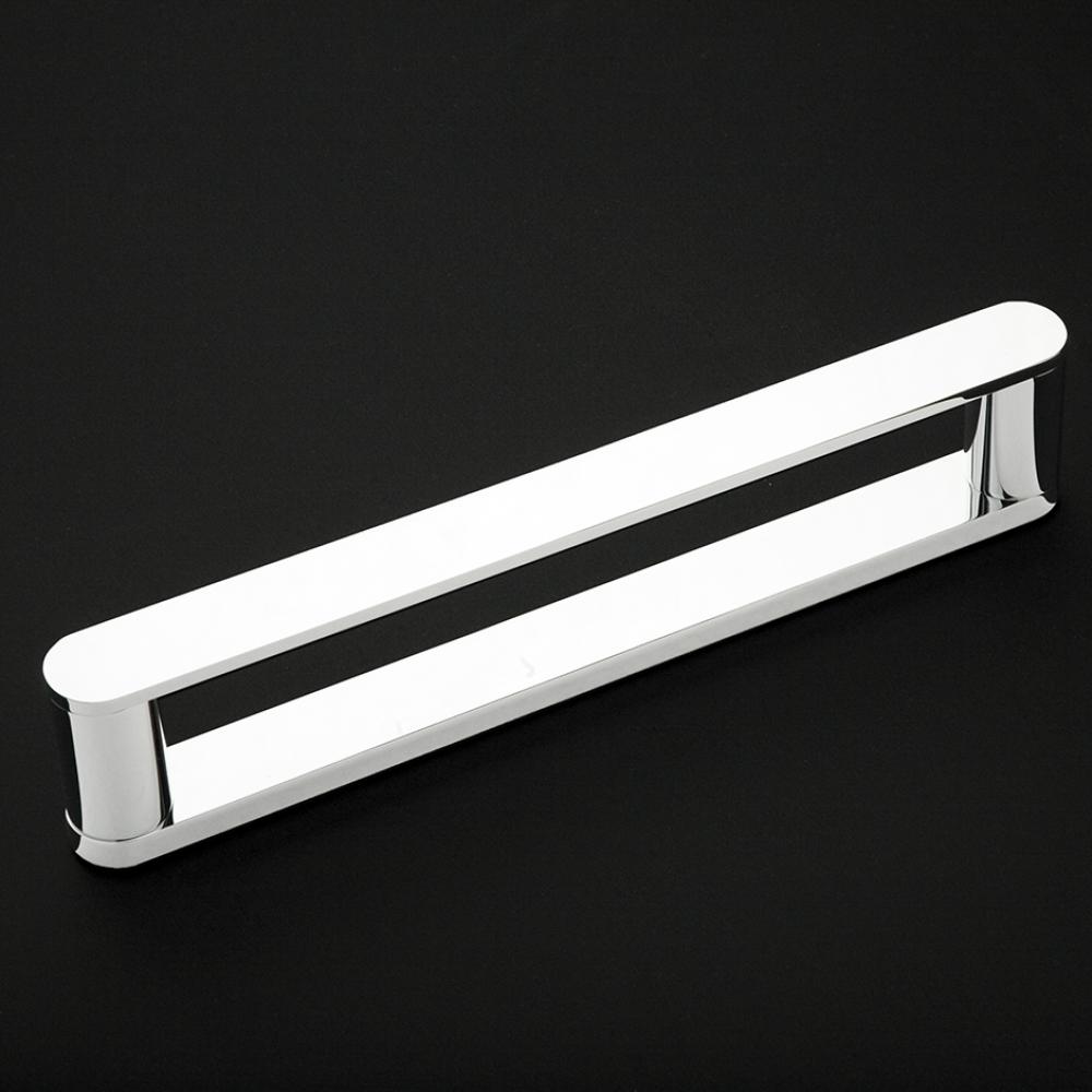 Wall-mount towel bar made of chrome plated brass.