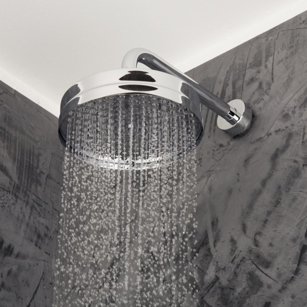 Wall-mount or ceiling-mount tilting round rain shower head, 140 outlet holes. Arm and flange sold