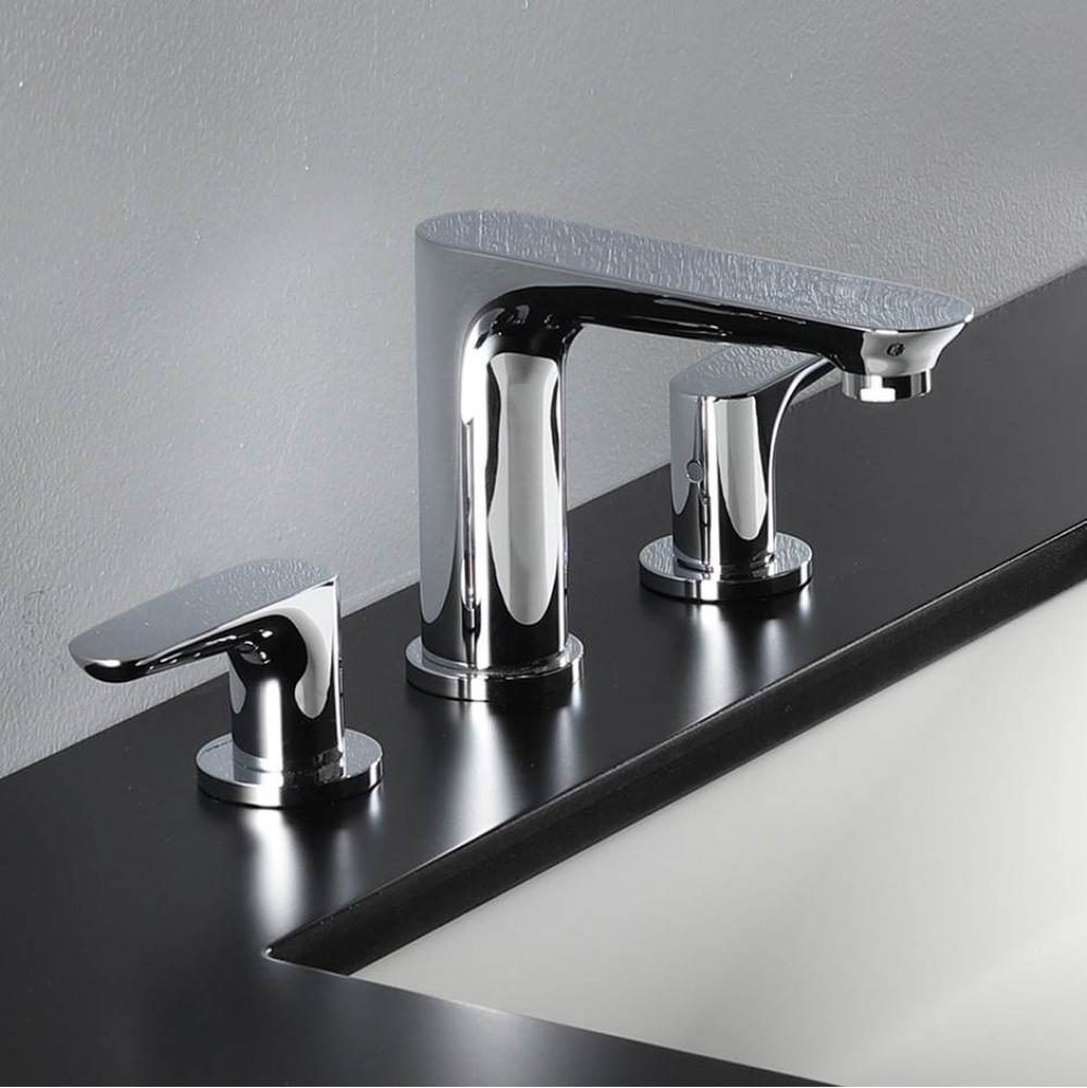 Deck-mount three-hole faucet with two lever handles. Water flow rate: 1.2GPM pressure compensating