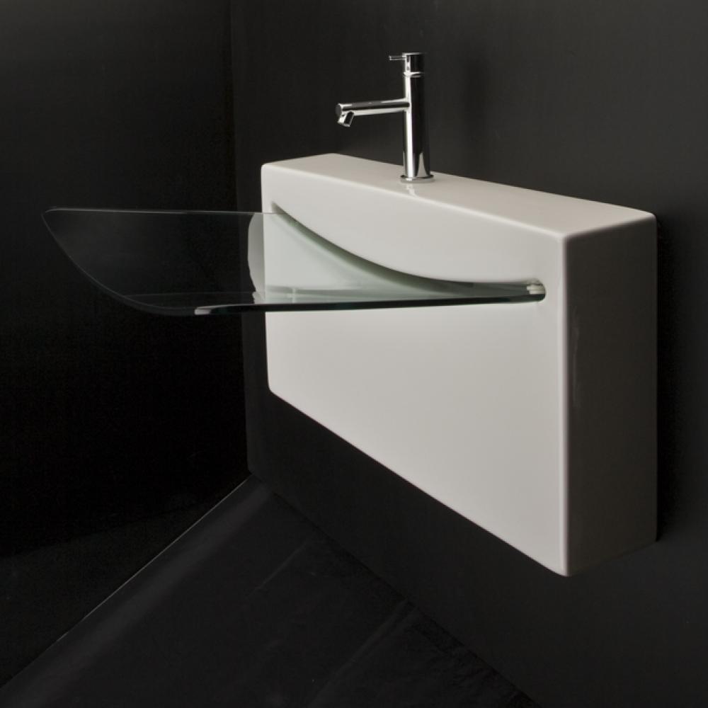 Wall-mount porcelain and glass Bathroom Sink with one faucet hole, no overflow.