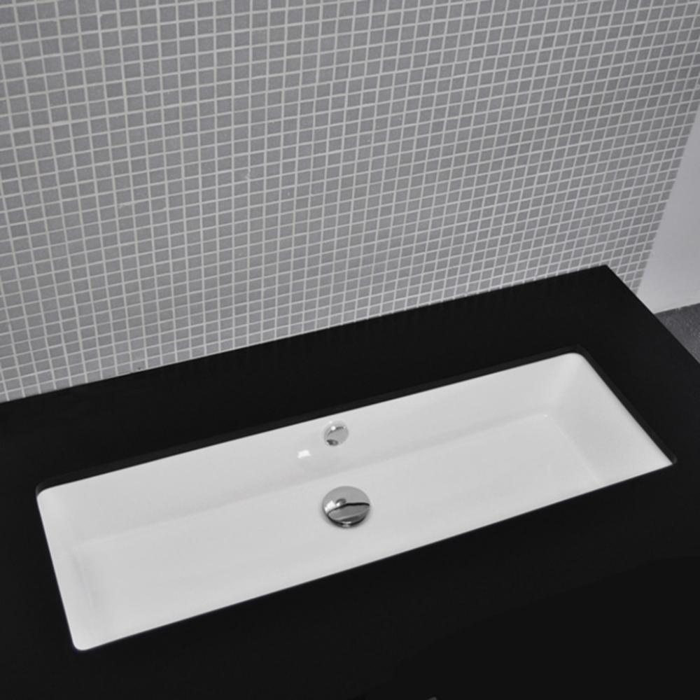 Under-counter porcelain Bathroom Sink with glazed exterior and overflow, 35 in W, 13 3/8 in D, 7 1