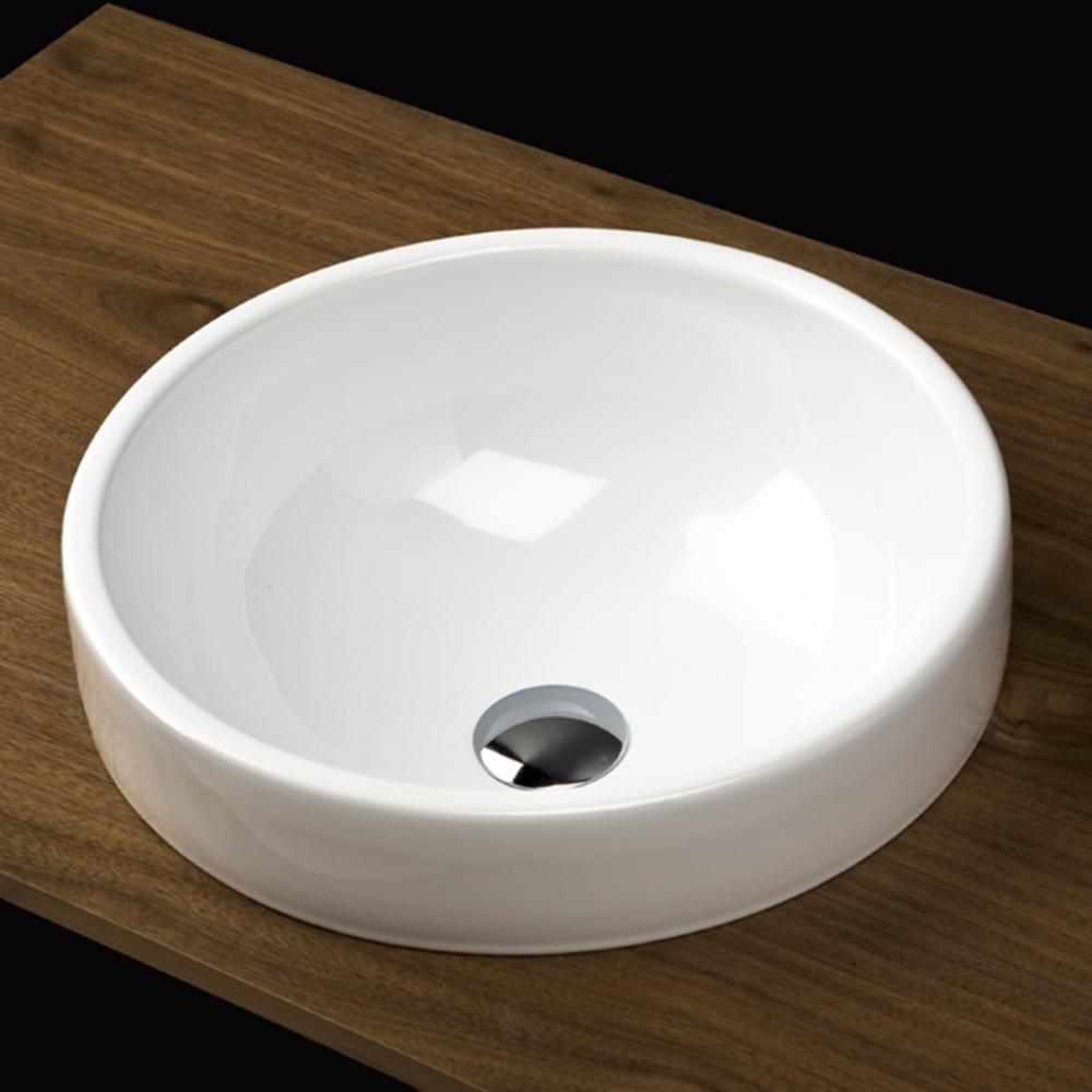 Self-rimming porcelain Bathroom Sink  with an overflow.Finished back. 16 3/4''DIAM, 6 3/