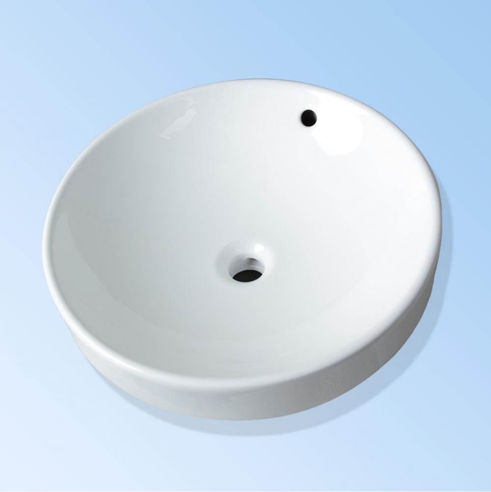 Self-rimming drop-in porcelain sink with an overflow.  DIAM: 18 3/8'', H: 6 3/8'&ap