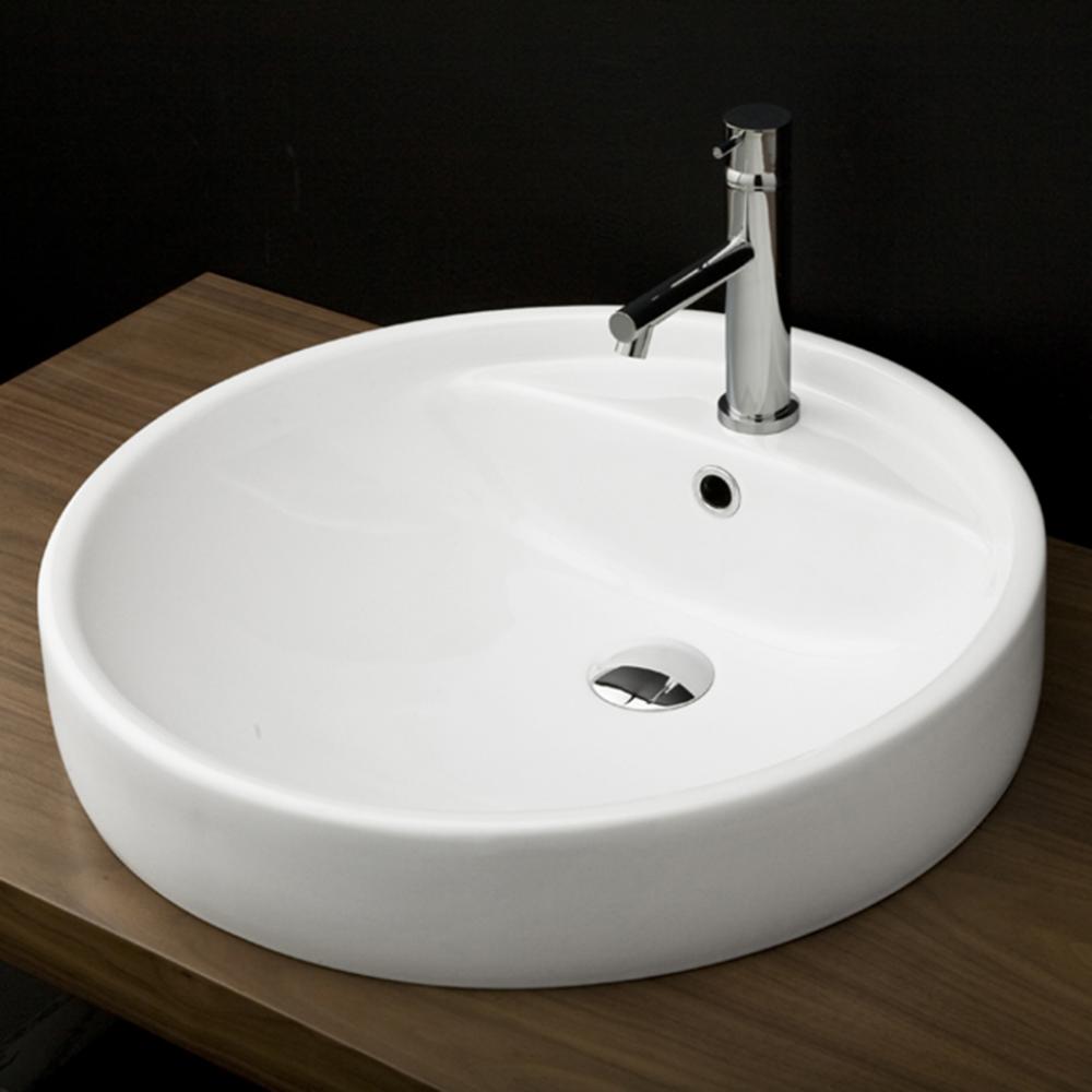 Self-rimming porcelain Bathroom Sink with one faucet hole and an overflow. DIAM: 18 1/2'&apos
