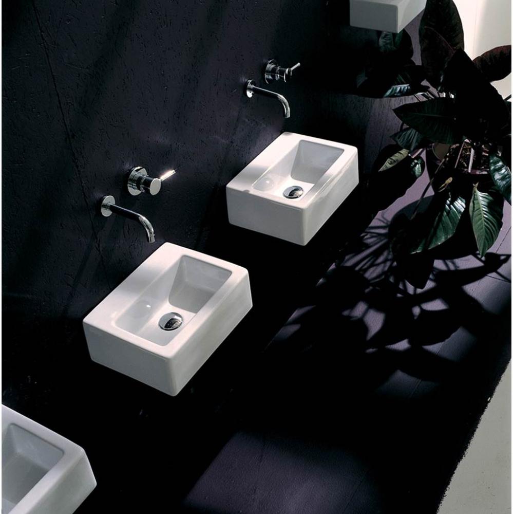 Wall-mount or above-counter porcelain Bathroom Sink with an overflow, unfinished back.