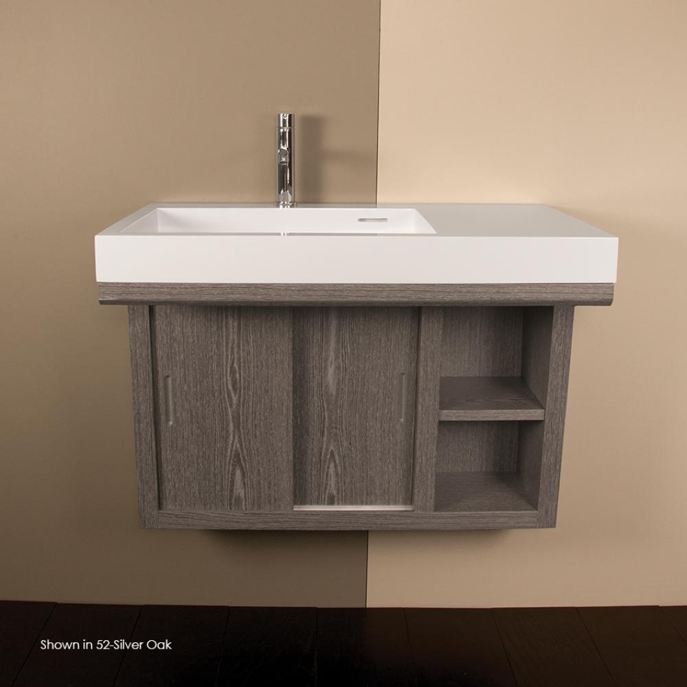 Wall-mounted under-counter vanity with two sliding doors, two open cubbies on the right, and accen
