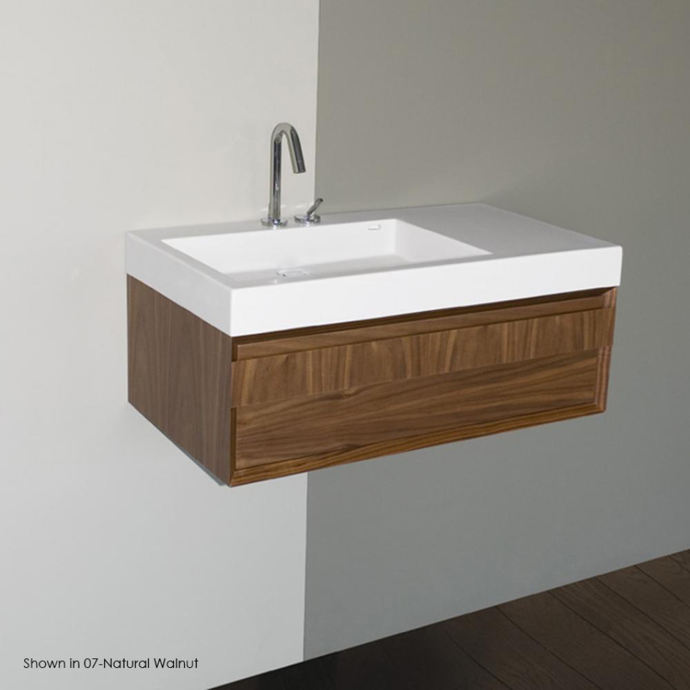 Wall-mount under-counter vanity with finger pulls on one drawer, the drawer has Ushaped notch for