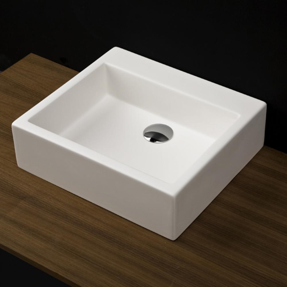 Vessel white solid surface washbasin with overflow, finished back.