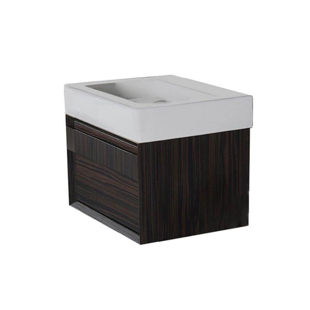Wall-mount under-counter vanity with finger pulls on one drawer, the drawer has U-shaped notch for