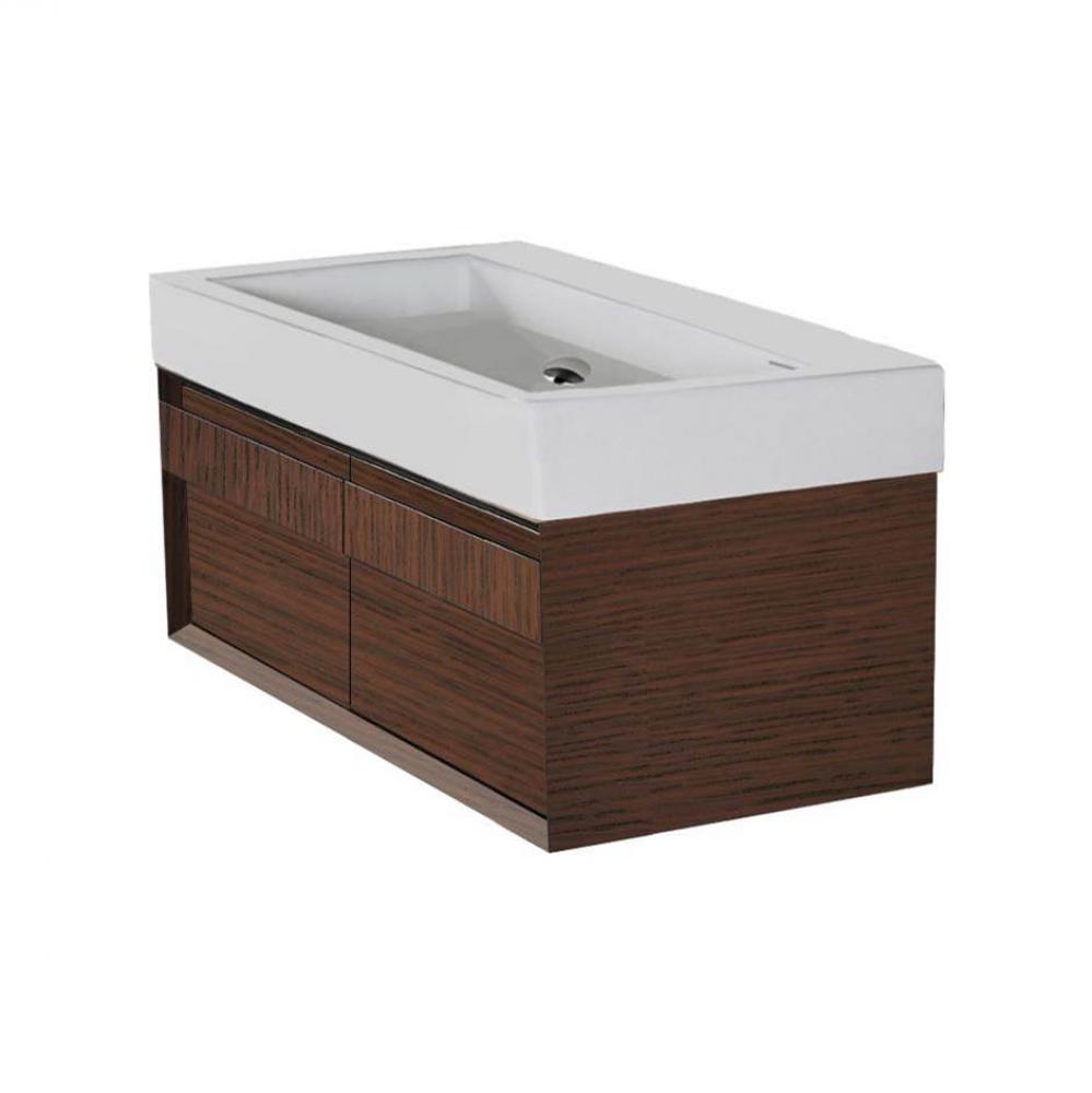 Wall-mount undercounter vanity with large wood pulls on two drawers. Washbasin #5103 sold separate