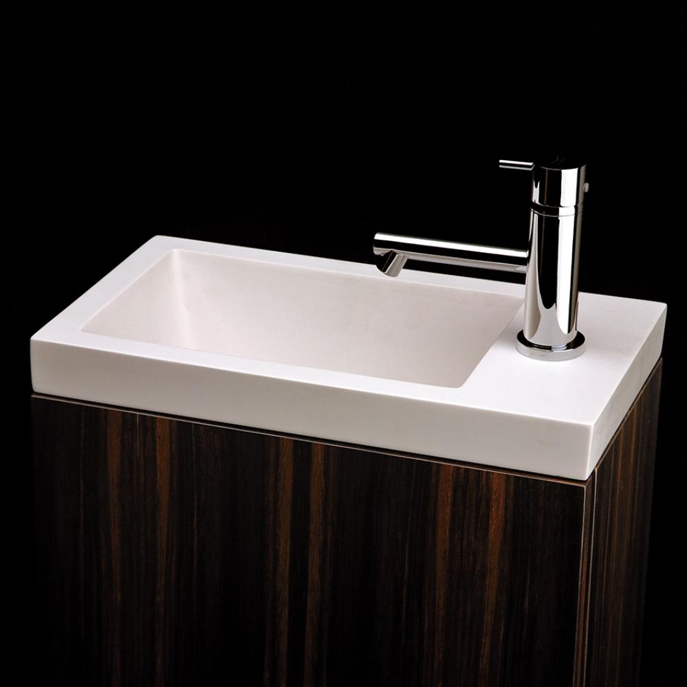 Self-rimming Bathroom Sink made of solid surface, with an overflow, finished back.